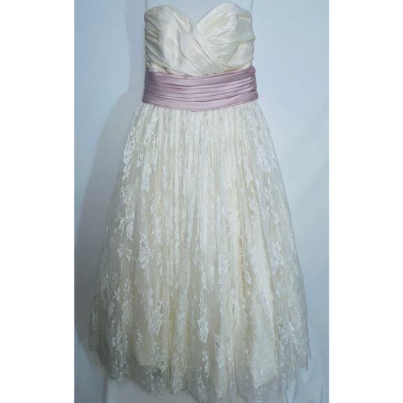 Strapless Midi Length Wedding Dress w/ Pink Satin Sash at Waist - Women's Size 8 - Picture 1 of 12